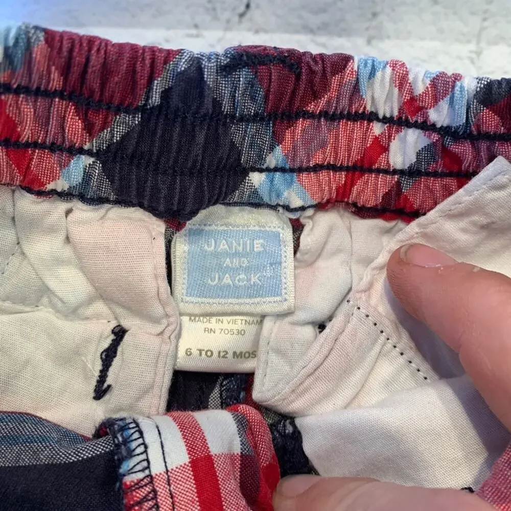 JANIE AND JACK Boy’s NWOT Red/White/Blue Plaid Chino Shorts / Size: 6-12 Months
